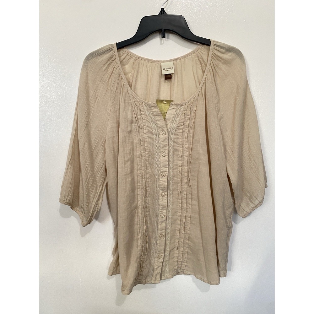 Sonoma Peasant Top Blouse Woman Size Large Pintuck Gauzy Button Down Country